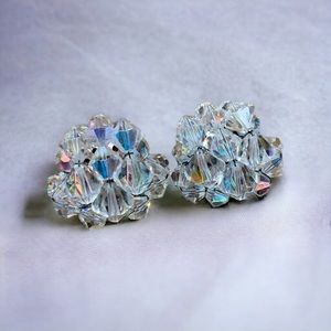 Vintage AB Crystal Clear Beaded Cluster Clip On Pinup Earrings Old Hollywood